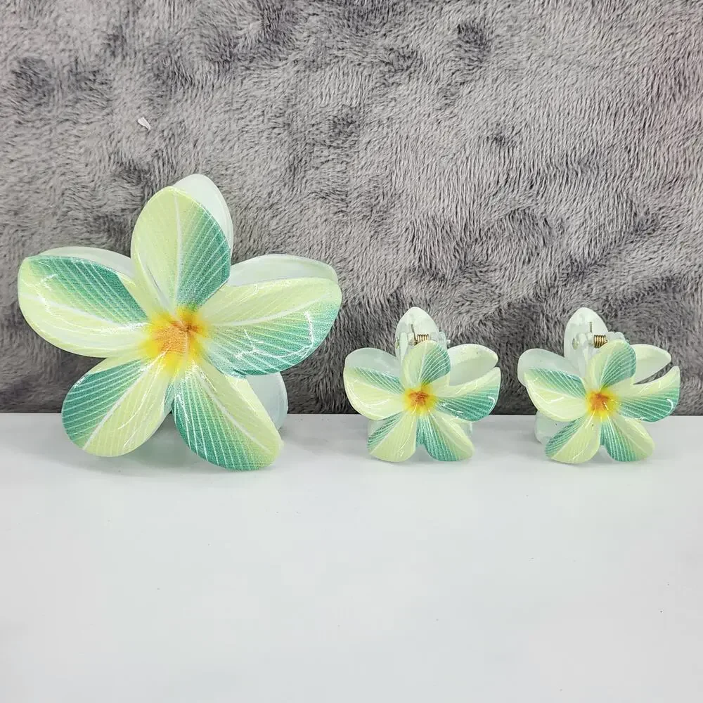 3 pc Hawaiian Flower Claw Clip Set - Hair Accessories Green Plumeria